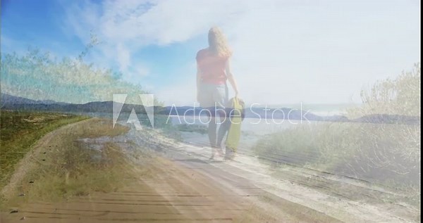 Woman starting walking down boardwalk to shore, with towel, overlay trail marking path for travel