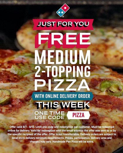FREE pizza with any online delivery order. Time is ticking. ⏰👀 Offer ends 8/13/23. Order now at dominos.com. | Domino's Pizza