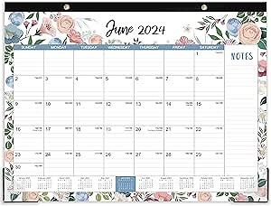Desk Calendar 2024 - January 2024 - December 2024, Large Desk Calendar 2024, 22" x 17", 12 Monthly Desk Calendar with Corner Protectors, Large Ruled Blocks & 2 Hanging Hooks - Black Floral