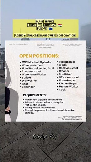 Mass Hiring Bound to Hungary 🇭🇺 Agency: PHILORE MANPOWER CORPORATION (Philippines)