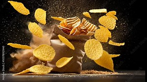 Chip Explosion: A burst of golden potato chips erupts from a paper bag, creating a dynamic and delicious visual. The chips fly through the air, frozen in motion, against a dark background.