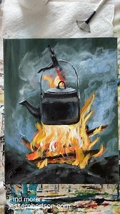 7K views · 150 reactions | Campfire Kettle | Learn how to paint a rustic kettle heating up on the campfire in this easy, beginner friendly acrylic painting tutorial. Follow @keepitcolourful for free tutorials every weekend!#acrylicpainting #arttips #keepitcolourful #stepbysteppainting #paintingtutorial #camping #campfire #firepainting #kettlepainting #easypainting #smoke #kettle #autumnpainting | Jesse Robertson & Keep It Colourful | Facebook