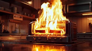 Download A toaster on fire in a kitchen with a toaster oven on the stove for free