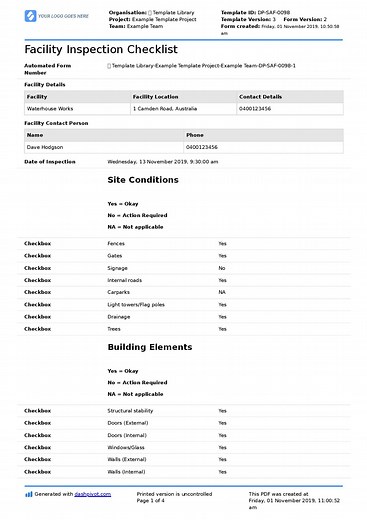 Facility Inspection Checklist Template and Free PDF Form
