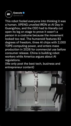 This robot, named IRON, was unveiled by XPENG at AI Day in Guangzhou, convincing many that it was human-like until the CEO had to cut open its leg to demonstrate it wasn't a person in a costume. The robot boasts 82 degrees of freedom, three AI chips with 2,000 TOPS computing power, and is set to enter mass production in 2026 for commercial use. This development highlights China's focus on deploying robot workers amid ongoing debates in the United States regarding AI regulations. Let us know your