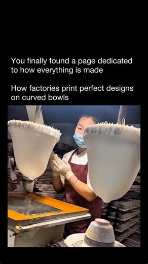 How Everything Is Made on Instagram: "This machine uses pad printing, a method designed to transfer detailed artwork onto surfaces that aren’t flat. It starts with a metal or polymer plate engraved with the design and coated in a thin layer of ink. A soft silicone pad presses onto that ink plate, picks up the pattern, and then molds itself around the bowl. Because the pad can stretch and flex, it can wrap over curves and uneven shapes without distorting the artwork. The result is a clean, precis