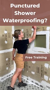Punctures in your shower waterproofing? -Using a foam waterproof tile backer board allows you to easily fix any accidental penetrations to your waterproofing with just a quick touch up using a waterproof sealant. This is one huge advantage over a sheet membrane or liquid applied waterproofing membrane type system -If you want to join our FREE TRAINING on three expert ways to waterproof a shower just comment SHOWER and I’ll send you the link!#diy #bathroomremodel #tile #howto | Online Tile Academ