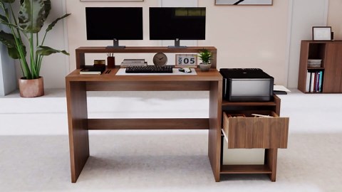 60 Inch Executive Desk with Drawer and Printer Shelf, Mid Century Modern Work Table for Home Office, Wood Computer Desk with Storage, Monitor Shelf, Charging Station, for Study, Living Room, Walnut