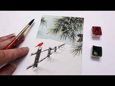 Real time snowy watercolor PINE BRANCHES tutorial » How to paint a winter landscape with a cardinal