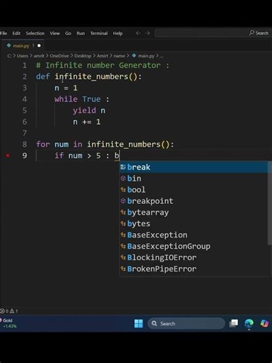 infinity number generator in Yield #shorts #python