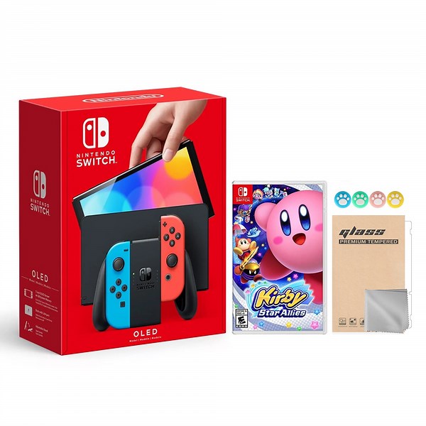 2021 New Nintendo Switch OLED Model Neon Red & Blue Joy Con 64GB Console HD Screen & LAN-Port Dock with Kirby Star Allies And Mytrix Joystick Caps & Screen Protector