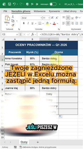 Funkcja WYBIERZ zamiast zagnieżdżonych JEŻELI w Excelu