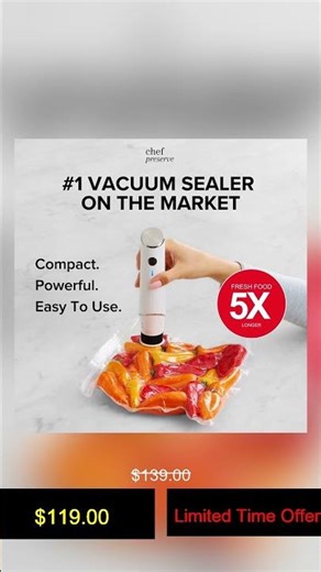 Chef Preserve Compact Vacuum Sealer for Food (Vacuum Sealer Machine + 3 Glass Vacuum Containers