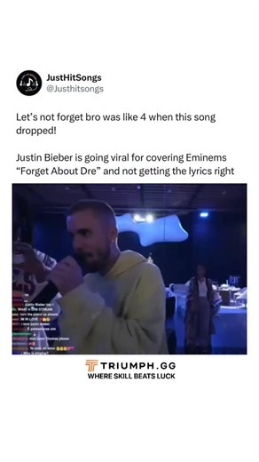 Just Hit Songs on Instagram: "Justin Bieber going viral for covering Eminem’s “Forgot About Dre” is one of those full-circle moments that puts time into perspective. The song originally dropped in 1999 (blowing up worldwide in 2000), meaning Bieber was literally a small kid when it ruled radio and MTV — nowhere near old enough to be memorising every bar. Watching him casually attempt it years later, even getting some lyrics wrong, isn’t really about accuracy — it highlights how deeply that era o
