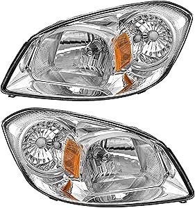 for 05 06 07 08 09 10 Chevy Cobalt Headlight Assembly for 2007 2008 2009 Pontiac G5 and 2005 2006 Pursuit Replacement Set with Chrome Housing Amber Reflector Right and Left