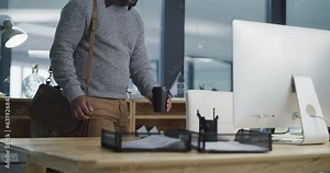 Computer, coffee and businessman walking in the office sitting by his desk to work on project. Technology, career and professional African male employee getting ready for online meeting in workplace.