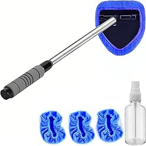 Windshield Cleaning Tool - Extendable Handle Car Window Cleaner with 4 Reusable Cloth Pads, Auto Glass Wiper Kit for Interior & Exterior, Ideal for Dirty Car Windows (Blue)