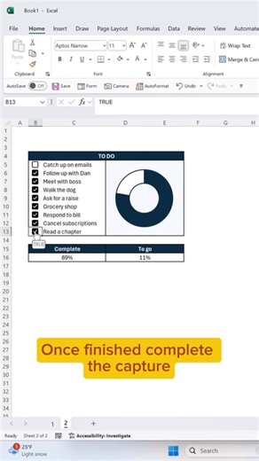 How to create a checkbox donut chart in Excel. ✅ Download this free step-by-step guide I created: https://scribehow.com/shared/How_To_Create_an_Interactive_To_Do_List_in_Excel__oGyTUgsyTh6962OXiKwchw #scribe #scribehow #excel #exceltips #exceltricks #spreadsheets #corporate #accounting #finance #workhacks #tutorial #sheets #ad #scribepartner | Excel Dictionary