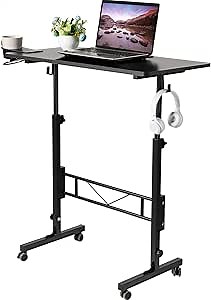 SIDUCAL Standing Desk Adjustable Height, Small Mobile Table with Wheels, Rolling Desk for Standing or Sitting, Portable Computer Desk for Walking Pad, Black