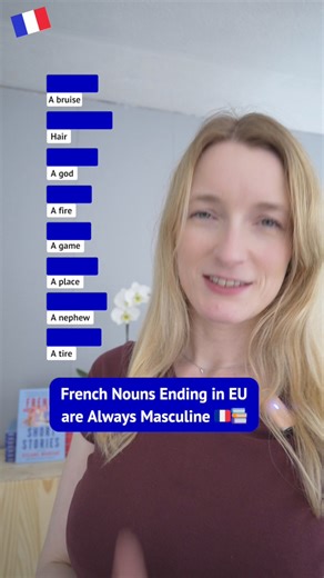 French Nouns Ending in EU are Always Masculine 🇫🇷📚 Un bleu - A bruise Un cheveu - Hair Un dieu - A god Un feu - A fire Un jeu - A game Un lieu - A place Un neveu - A nephew Un pneu - A tire #learnlanguage #apprendrelefrançais #french #improveyourfrench #languagelearning | The perfect French with Dylane