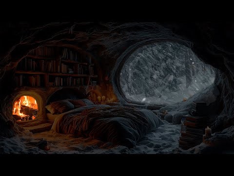 Cave with Falling Snow & Fireplace Burning | Crackling Fire Sounds, Howling Wind for a Good Sleep