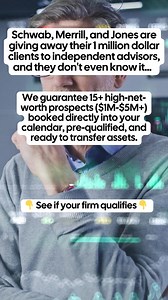 Dinner seminars are not working as well as you're used to? Here's something you need to know... Big firms are losing unhappy clients with $1M every day… Use THIS new advisor growth system to close them, before they find another firm. If you're tired of buying recycled leads, hosting seminars, or sending connection requests to everyone on LinkedIn until they block you... We guarantee 15 high-net-worth prospects ($1M-$5M ) booked directly into your calendar, pre-qualified, and ready to transfer as