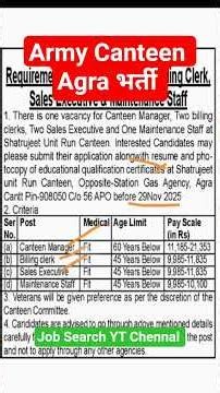 Army Canteen Agra Recruitment 2025|Army Centeen Staff भर्ती 2025