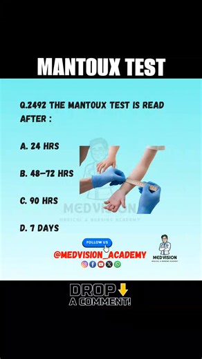 🧪💉 Mantoux Test (Tuberculin Skin Test) 👉 The Mantoux Test is used to detect Tuberculosis (TB) infection. A small amount of PPD (Purified Protein Derivative) is injected intradermally into the forearm. --- 📝 Procedure 💉 Inject 0.1 ml PPD intradermally (ID) ⏳ Read the result after 48–72 hours 📏 Measure induration (hard swelling) — not redness --- 📊 Interpretation ✔ Positive Test: ≥ 10 mm → Positive in normal individuals ≥ 5 mm → Positive in: 🧬 HIV patients 💊 Immunosuppressed 🤝 Recent TB 