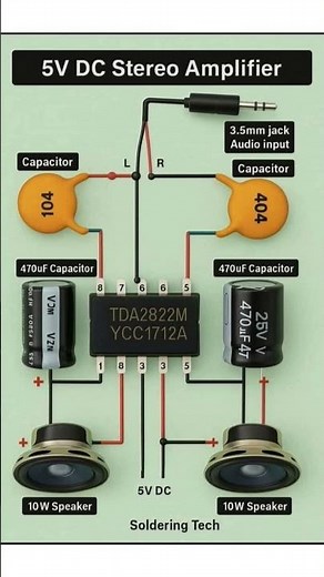 5V DC Stereo Amplifier Circuit | TDA2822M Audio Amplifier DIY Project