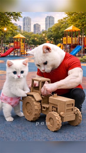 kitten was teased for playing with a cardboard tractor, and its father built a real tractor. #catfunnyvideos #catcartoon #catcute #cattales #supercat