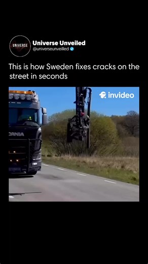 Universe unveiled on Instagram: "Sweden employs a rapid road-repair method that seals pavement cracks in seconds using a hot black bitumen spray. Applied under pressure, the material penetrates deep into cracks and instantly hardens, preventing water from seeping in—a primary cause of potholes during freeze-thaw cycles. By addressing cracks early, crews extend the life of roads while keeping traffic flowing with minimal disruption. This method is faster, cheaper, and far more effective than trad