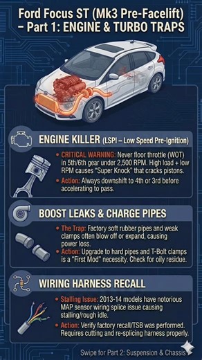 Adoreparts.com on Instagram: "⚠️ Ford Focus ST (Mk3) Owners: DO NOT ignore these warnings! 🛑 If you drive a 2013–2014 Focus ST, this guide is critical for keeping your 2.0L EcoBoost alive. We’ve broken down the most common failure points and necessary upgrades in these slides. 👉 Swipe through to see them all! 🔧 KEY TAKEAWAYS: 1️⃣ LSPI (Low Speed Pre-Ignition): Never go Wide Open Throttle (WOT) in 5th or 6th gear under 2,500 RPM. This is the #1 cause of blown engines in these cars. 2️⃣ The “1-