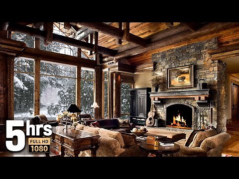 Winter Christmas Screensaver HD 5 hours - Snow falling, Fire crackling sound, Cosy Log Cabin
