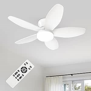 Small Ceiling Fans with Lights - 35 Inch Flush Mount Ceiling Fans with Lights and Remote, Low Profile Ceiling Fan with 5 Reversible Blades, 6 Speeds, White Ceiling Fan for Bedroom Kitchen