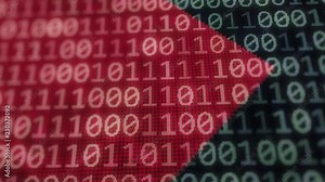Red arrow on random binary numbers on screen - 3d animation with focus depth of field