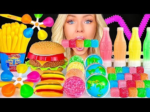 ASMR SOUR CANDY, WARHEADS CUBES, SOUR SPRAY, WAX CANDY, EARTH GUMMY, RAINBOW DESSERTS MUKBANG 먹방