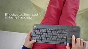 Logitech K400 Plus Kabellose Touch-TV-Tastatur mit integriertem Touchpad, HTPC-Tastatur für mit dem Fernseher verbundene PCs, Windows, Android, Chrome OS, Laptop, Deutsches QWERTZ-Layout - Schwarz