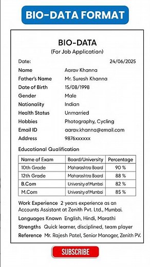 Biodata Format for Job | How to Write a Biodata or CV | Curriculum Vitae Example for Freshers
