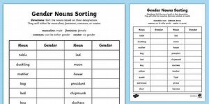 Gender Nouns Sorting Worksheet for English Language Learners