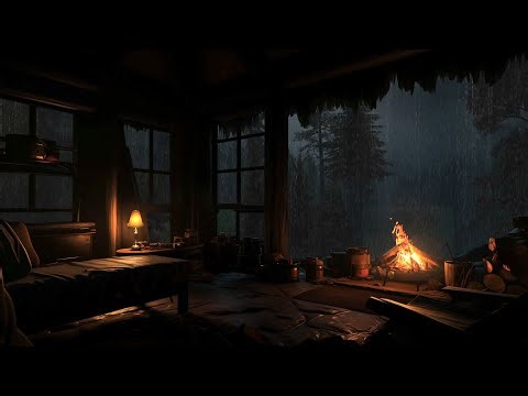 Sleep Better with Forest Rain | Crackling Fireplace in a Wooden Cabin Night Ambience