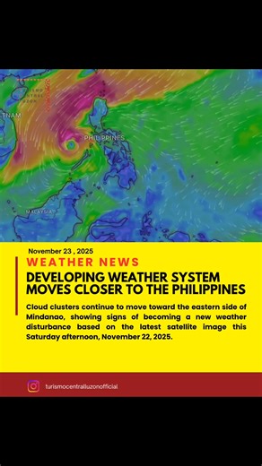 DEVELOPING WEATHER SYSTEM MOVES CLOSER TO THE PHILIPPINES Cloud clusters continue to move toward the eastern side of Mindanao, showing signs of becoming a new weather disturbance based on the latest satellite image this Saturday afternoon, November 22, 2025. There remains a high chance that this system will develop into a storm next week. Forecast tracks show it could pass through the Caraga Region, the Visayas, and parts of MIMAROPA. If it intensifies into a tropical cyclone, it will be named V
