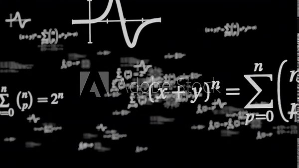 Maths animated overlay. Complicated calculations, hard to understand concept symbol. Black background messy formulas in high resolution for overlay. Maths effect, mathematics
