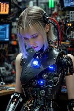 Realistic Female Humanoid Robot in Workshop