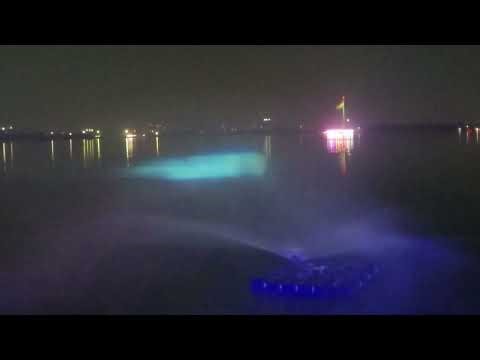 Laser projection on water curtain at Hussain Sagar - from left