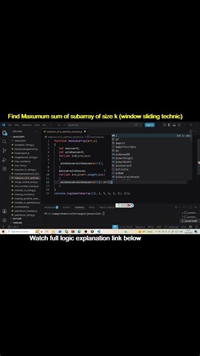 Sliding Window Algorithm Explained with Code!Logic work for all languages#shorts#javascript#python