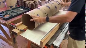 Cutting Sonotube cleanly, quickly and safely on the table saw using the cross cut sled. After measuring out the distance and clamping in a stop block, I butt the tube against it and then push the sled forward into the running blade. Don’t run the blade out, stop when it’s just cutting through one side. Then begin to rotate the tube with even pressure and a slow pace. Once you’ve gone 360 around, push the off cut to the side and roll out the finished piece. #shoptips #tablesaw #sonotube #cabinetr