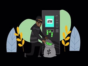 male African-American thief stealing from ATM machine into a sack