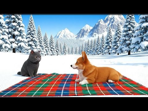 Epic Winter Adventure Watch A Munchkin cat mom and a Corgi dog plan a playtime on the snowy mountain