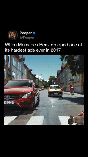 PEEPER on Instagram: "Follow us (@PEEPER) for more! 👀 This image comes from a 2017 Mercedes-Benz ad that focused entirely on road safety, not speed or luxury. The commercial shows a car approaching a crosswalk where an animal suddenly enters the road. The Mercedes stops in time, while another car does not. The message highlights advanced braking systems and driver-assistance technology designed to react faster than a human can, helping reduce collisions in unexpected situations. An important cl