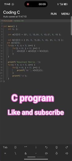 write a C program to print addition of matrix by use 2D array,#coding ,#clanguage ,#python ,#skills